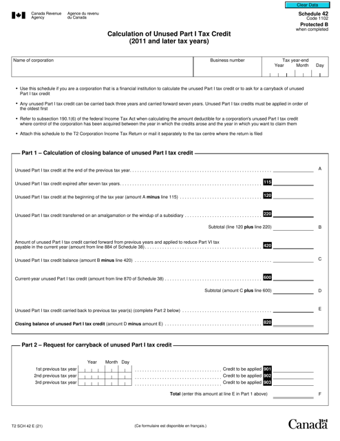 Form T2 Schedule 42 Calculation of Unused Part I Tax Credit (2011 and Later Tax Years) - Canada