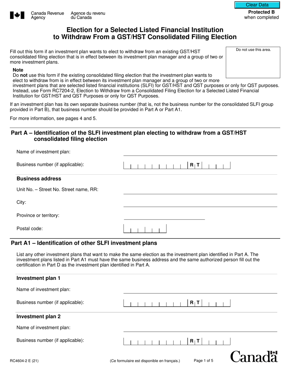 Form RC4604-2 Election for a Selected Listed Financial Institution to Withdraw From a Gst / Hst Consolidated Filing Election - Canada, Page 1