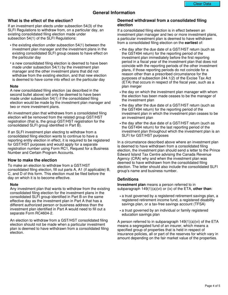 Form RC4604-2 Election for a Selected Listed Financial Institution to Withdraw From a Gst / Hst Consolidated Filing Election - Canada, Page 4