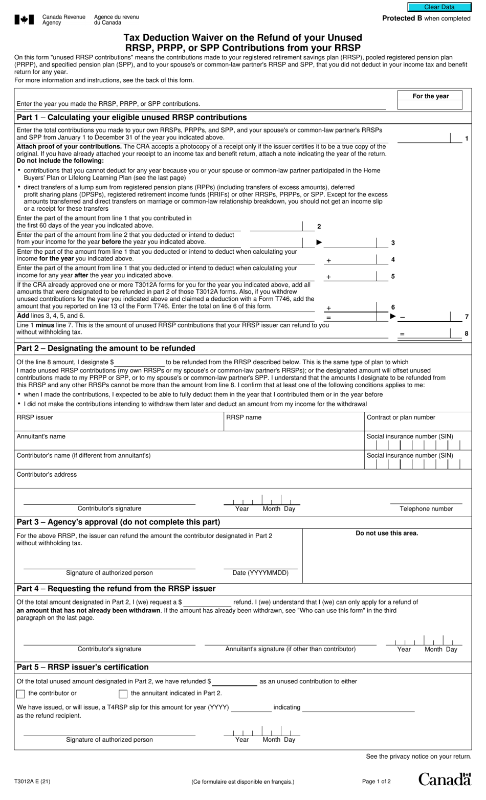 Form T3012A Tax Deduction Waiver on the Refund of Your Unused Rrsp, Prpp, or Spp Contributions From Your Rrsp - Canada, Page 1