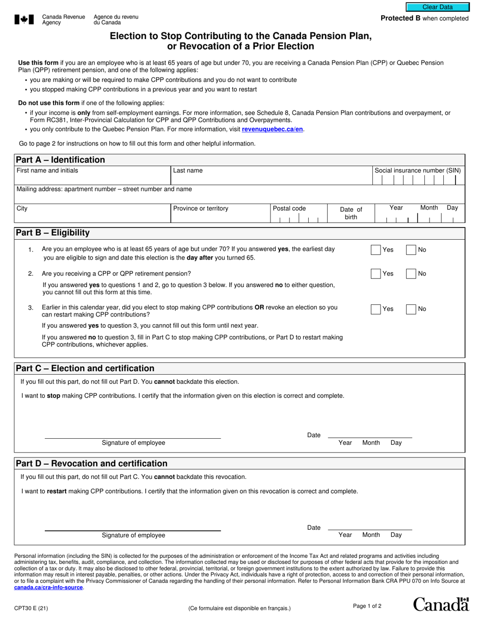 Form CPT30 Election to Stop Contributing to the Canada Pension Plan, or Revocation of a Prior Election - Canada, Page 1