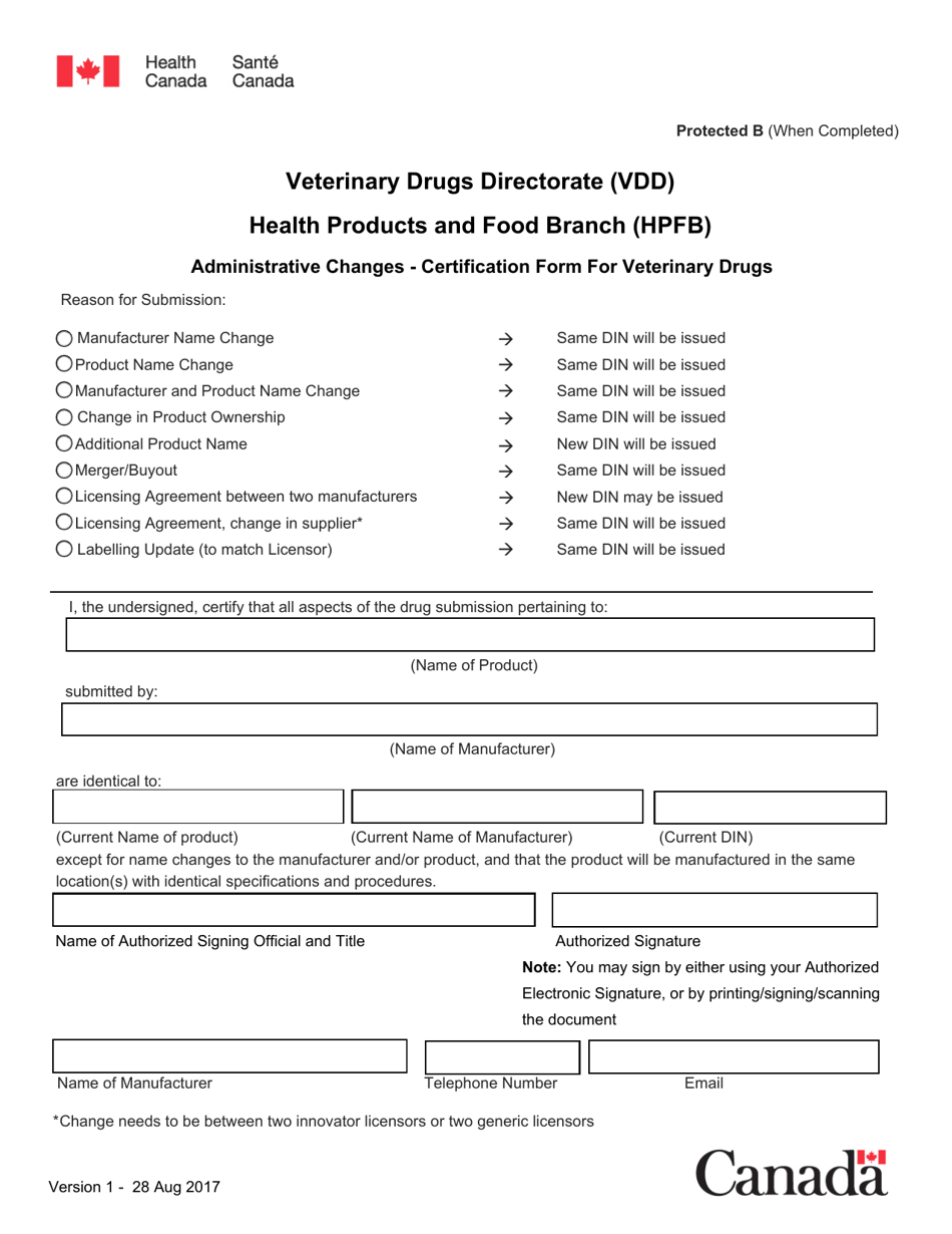Administrative Changes - Certification Form for Veterinary Drugs - Canada, Page 1