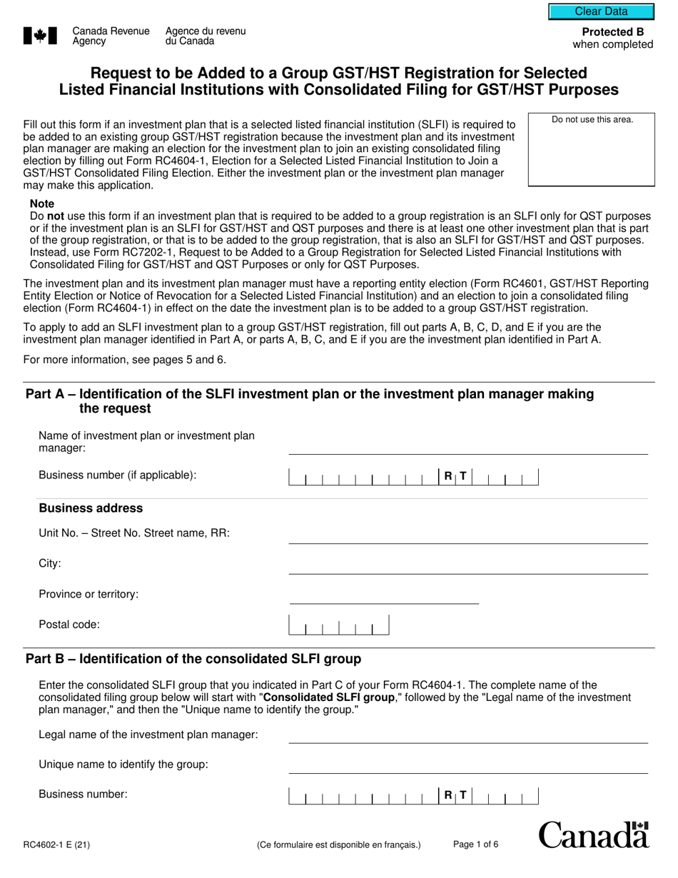 Form RC4602-1 Request to Be Added to a Group Gst / Hst Registration for Selected Listed Financial Institutions With Consolidated Filing for Gst / Hst Purposes - Canada, Page 1