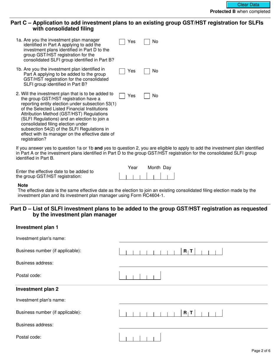 Form RC4602-1 Request to Be Added to a Group Gst / Hst Registration for Selected Listed Financial Institutions With Consolidated Filing for Gst / Hst Purposes - Canada, Page 2