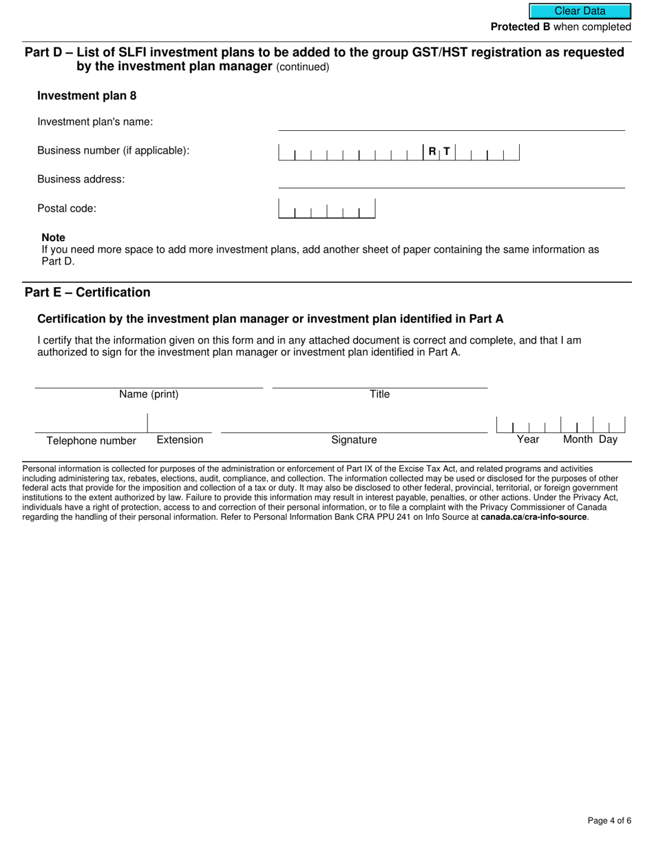 Form RC4602-1 Request to Be Added to a Group Gst / Hst Registration for Selected Listed Financial Institutions With Consolidated Filing for Gst / Hst Purposes - Canada, Page 4