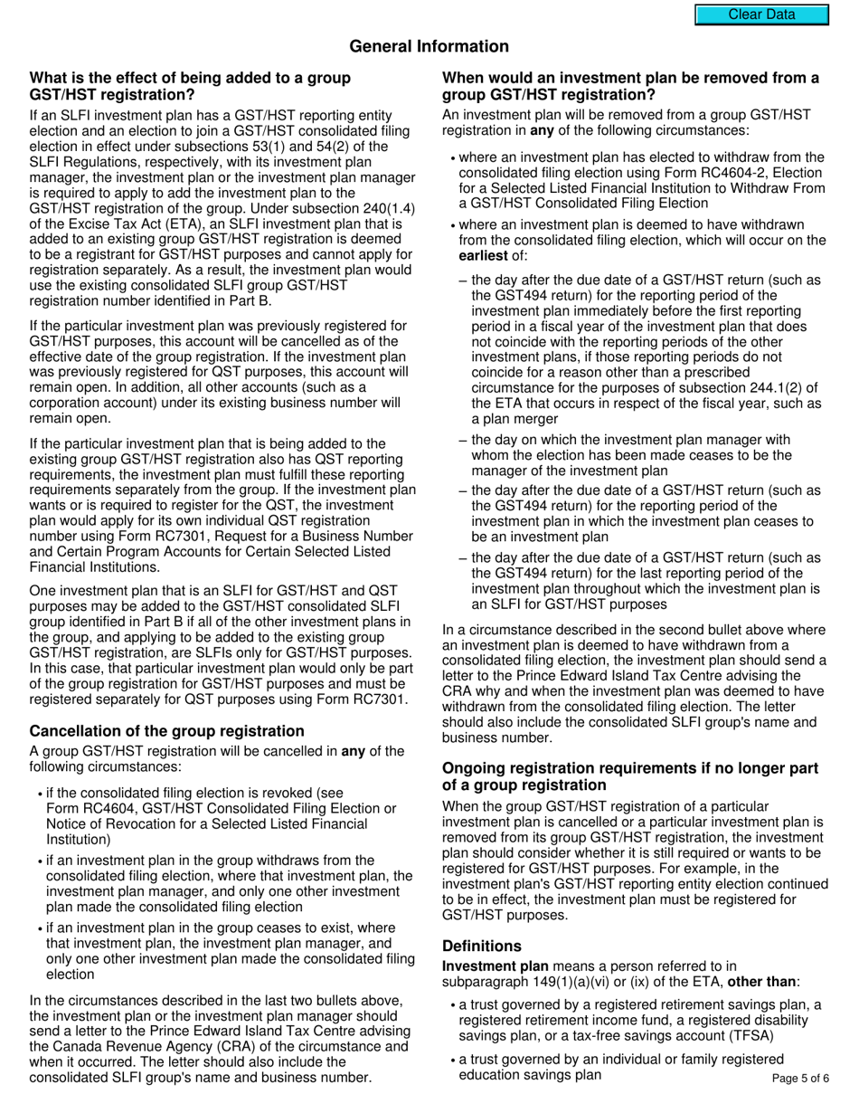 Form RC4602-1 Request to Be Added to a Group Gst / Hst Registration for Selected Listed Financial Institutions With Consolidated Filing for Gst / Hst Purposes - Canada, Page 5