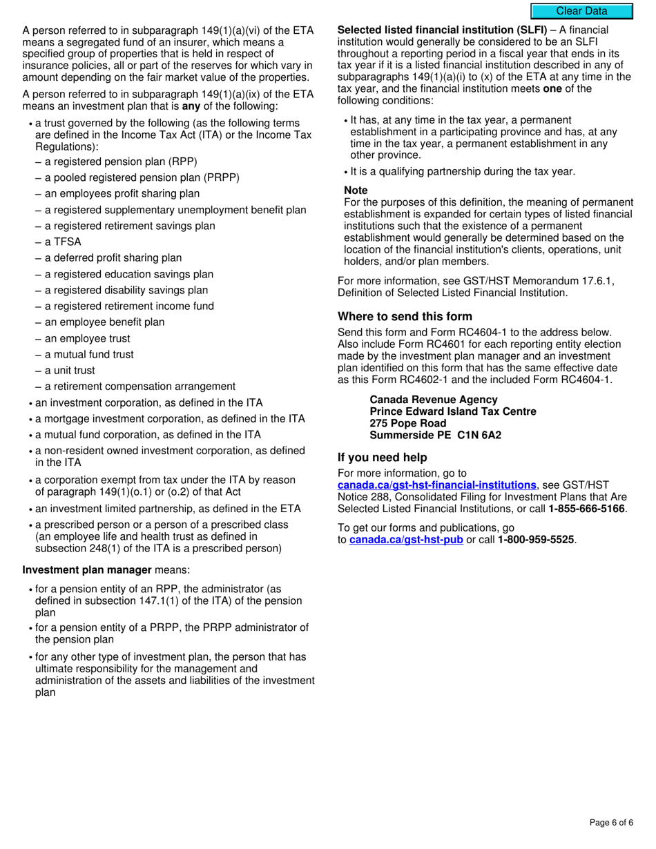 Form RC4602-1 Request to Be Added to a Group Gst / Hst Registration for Selected Listed Financial Institutions With Consolidated Filing for Gst / Hst Purposes - Canada, Page 6