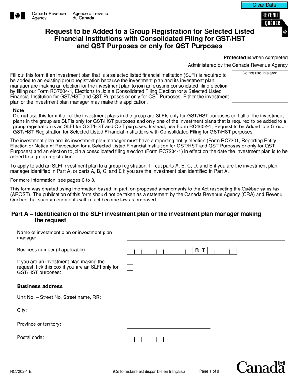 Form RC7202-1 Request to Be Added to a Group Registration for Selected Listed Financial Institutions With Consolidated Filing for Gst / Hst and Qst Purposes or Only for Qst Purposes - Canada, Page 1