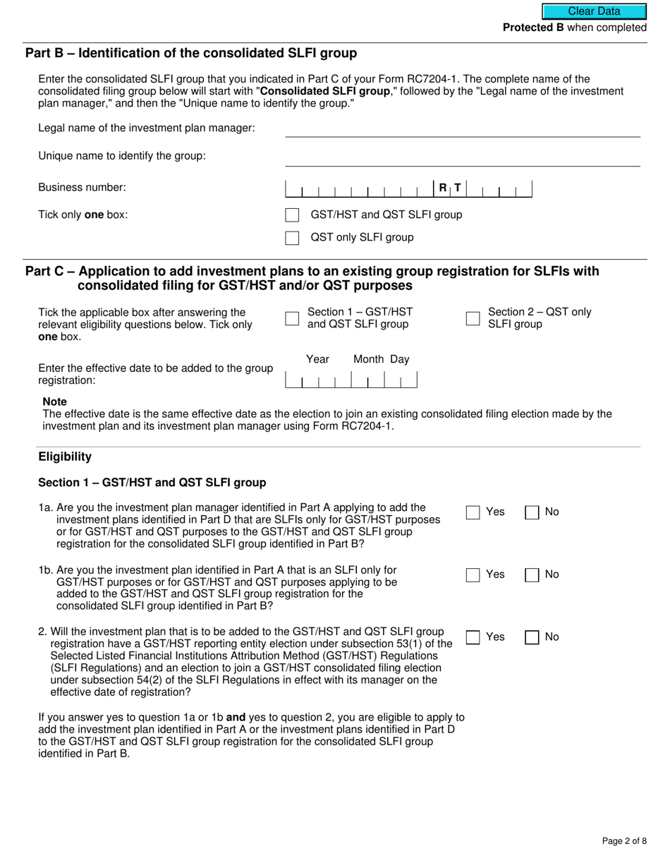 Form RC7202-1 Request to Be Added to a Group Registration for Selected Listed Financial Institutions With Consolidated Filing for Gst / Hst and Qst Purposes or Only for Qst Purposes - Canada, Page 2