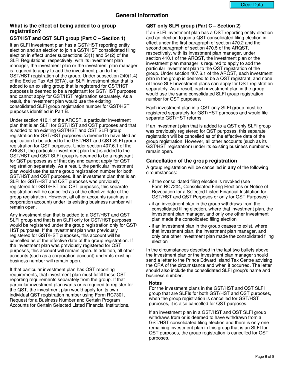 Form RC7202-1 Request to Be Added to a Group Registration for Selected Listed Financial Institutions With Consolidated Filing for Gst / Hst and Qst Purposes or Only for Qst Purposes - Canada, Page 6
