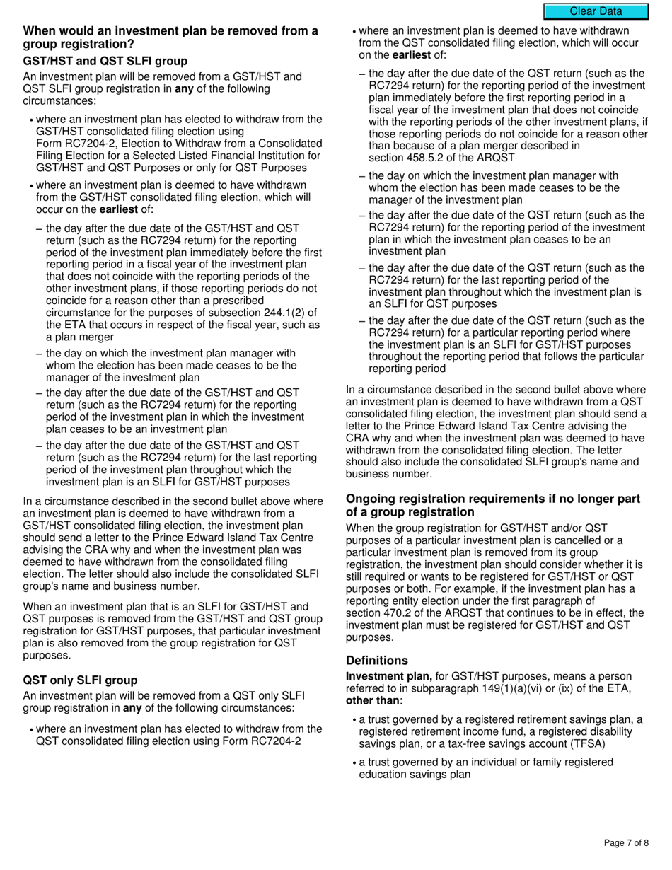Form RC7202-1 Request to Be Added to a Group Registration for Selected Listed Financial Institutions With Consolidated Filing for Gst / Hst and Qst Purposes or Only for Qst Purposes - Canada, Page 7