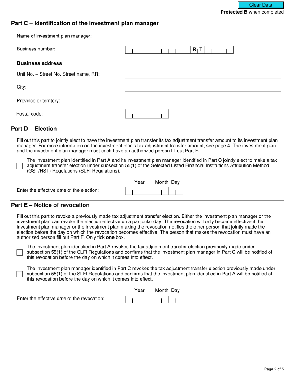 Form RC4603 Gst / Hst Tax Adjustment Transfer Election or Notice of Revocation for a Selected Listed Financial Institution - Canada, Page 2
