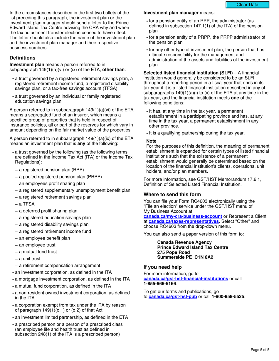 Form RC4603 Gst / Hst Tax Adjustment Transfer Election or Notice of Revocation for a Selected Listed Financial Institution - Canada, Page 5