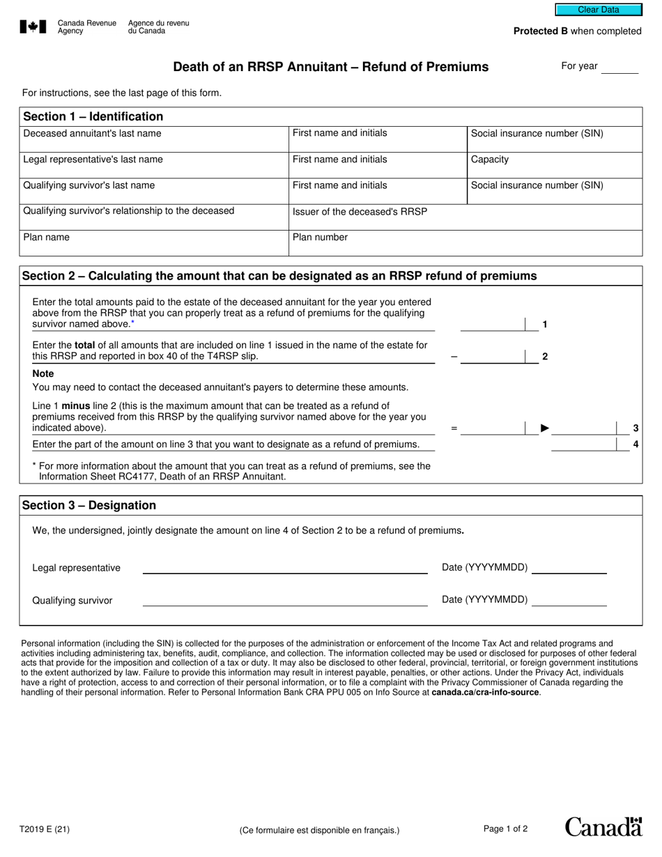 Form T2019 Death of an Rrsp Annuitant - Refund of Premium - Canada, Page 1