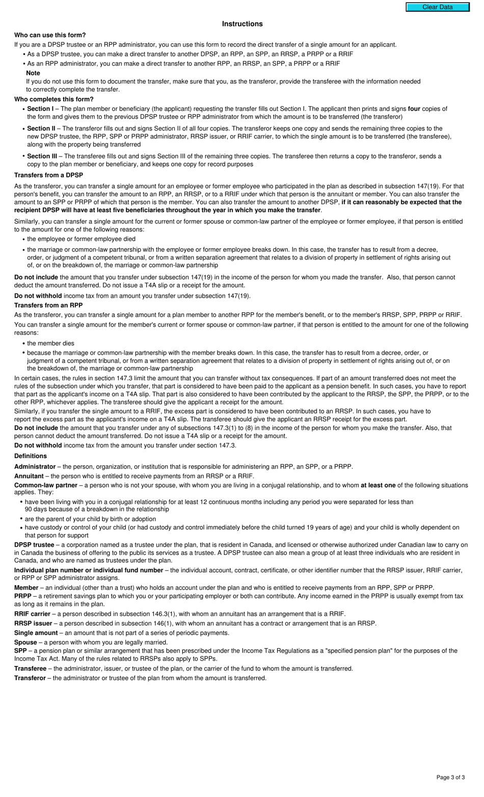 Form T2151 Direct Transfer of a Single Amount Under Subsection 147(19) or Section 147.3 - Canada, Page 3