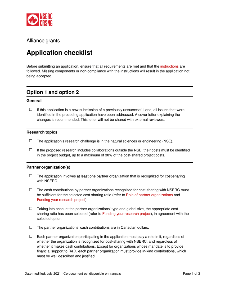 Alliance Grants Application Checklist - Canada, Page 1