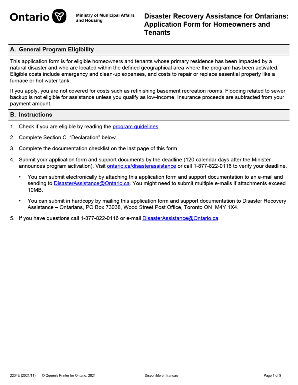 Form 2234E Disaster Recovery Assistance for Ontarians: Application Form for Homeowners and Tenants - Ontario, Canada, Page 1