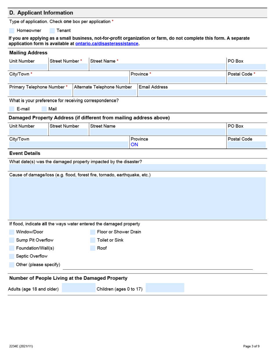 Form 2234E Disaster Recovery Assistance for Ontarians: Application Form for Homeowners and Tenants - Ontario, Canada, Page 3