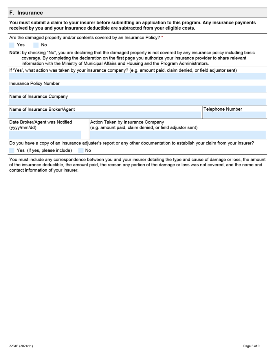 Form 2234E Disaster Recovery Assistance for Ontarians: Application Form for Homeowners and Tenants - Ontario, Canada, Page 5