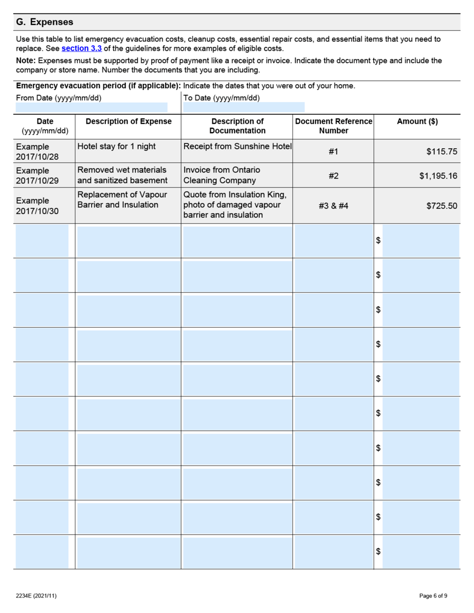 Form 2234E Disaster Recovery Assistance for Ontarians: Application Form for Homeowners and Tenants - Ontario, Canada, Page 6