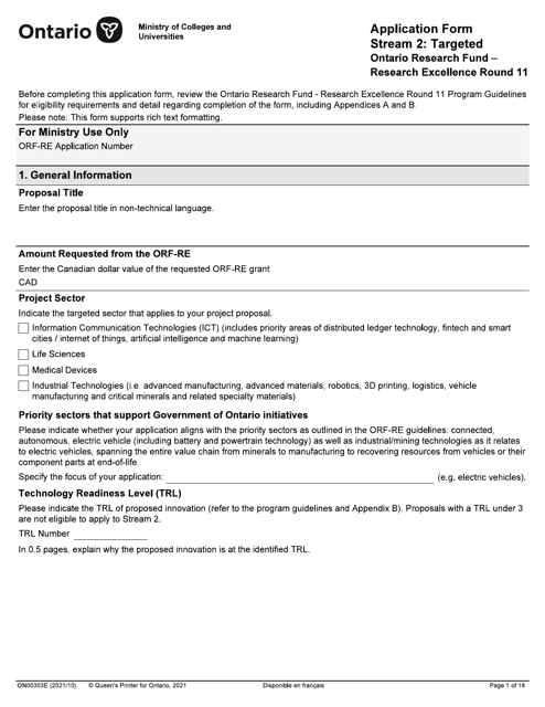 Form ON00303E Application Form Stream 2: Targeted Ontario Research Fund - Research Excellence Round 11 - Ontario, Canada