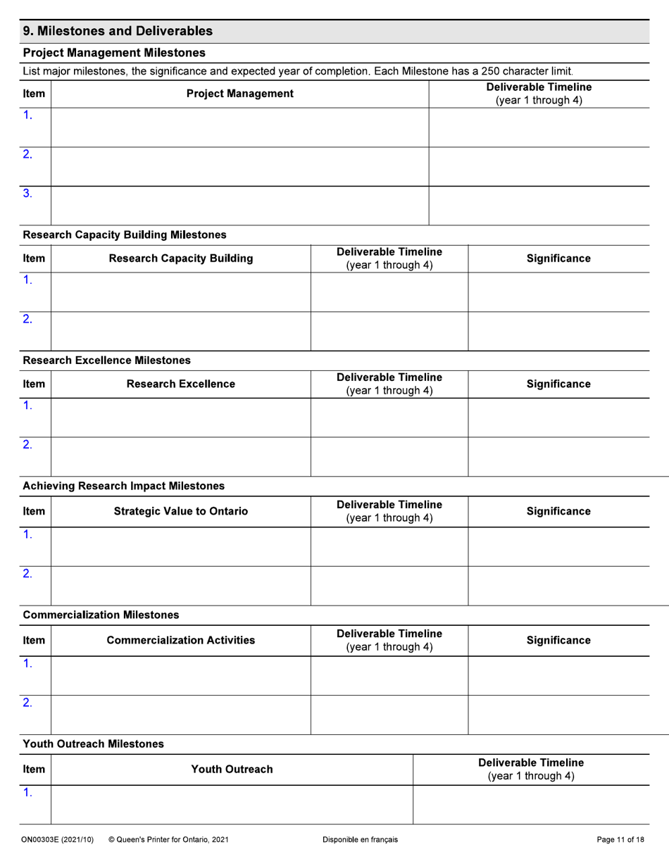 Form ON00303E Application Form Stream 2: Targeted Ontario Research Fund - Research Excellence Round 11 - Ontario, Canada, Page 11