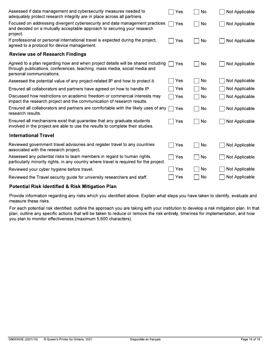 Form ON00303E Application Form Stream 2: Targeted Ontario Research Fund - Research Excellence Round 11 - Ontario, Canada, Page 16