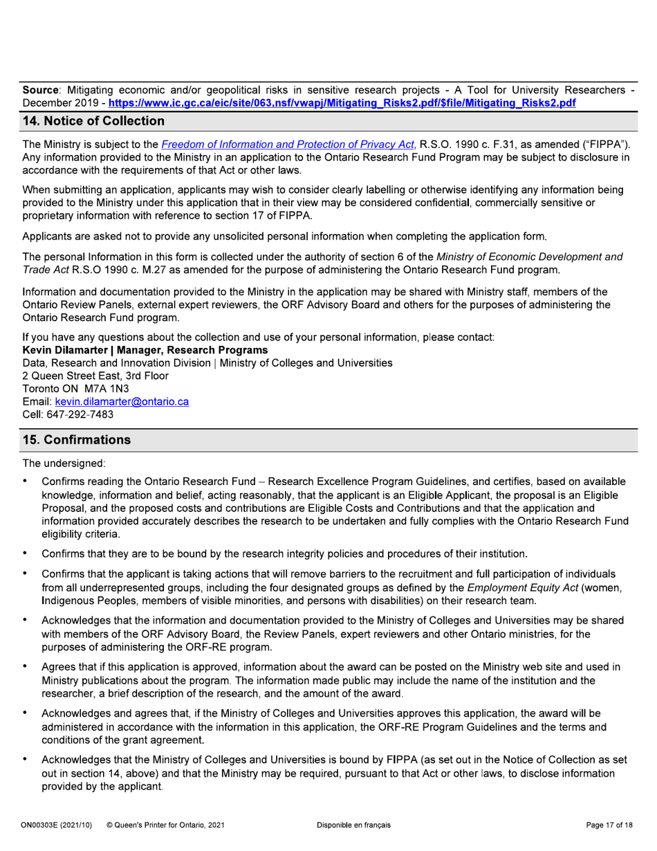 Form ON00303E Application Form Stream 2: Targeted Ontario Research Fund - Research Excellence Round 11 - Ontario, Canada, Page 17