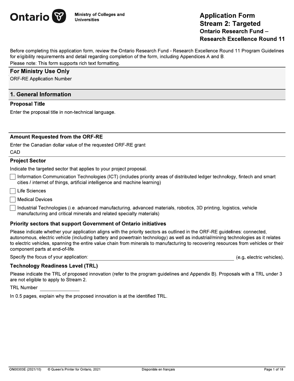 Form ON00303E Application Form Stream 2: Targeted Ontario Research Fund - Research Excellence Round 11 - Ontario, Canada, Page 1
