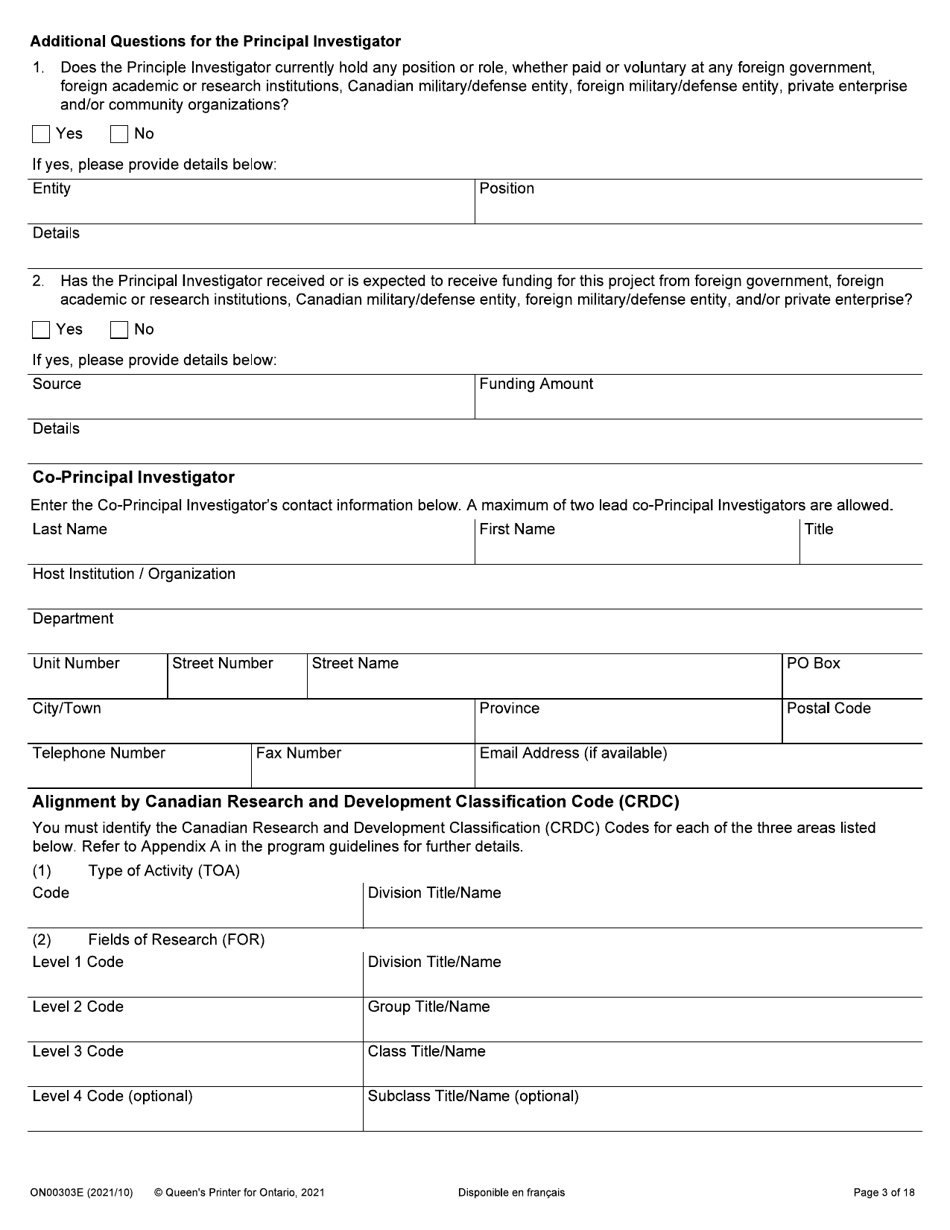 Form ON00303E Application Form Stream 2: Targeted Ontario Research Fund - Research Excellence Round 11 - Ontario, Canada, Page 3