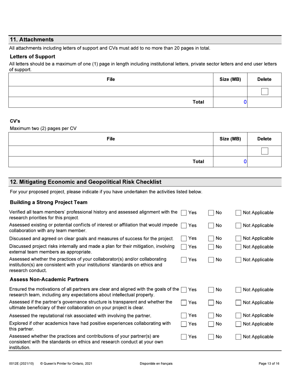Form 0012E Application Form Stream 1: General Ontario Research Fund - Research Excellence Round 11 - Ontario, Canada, Page 13