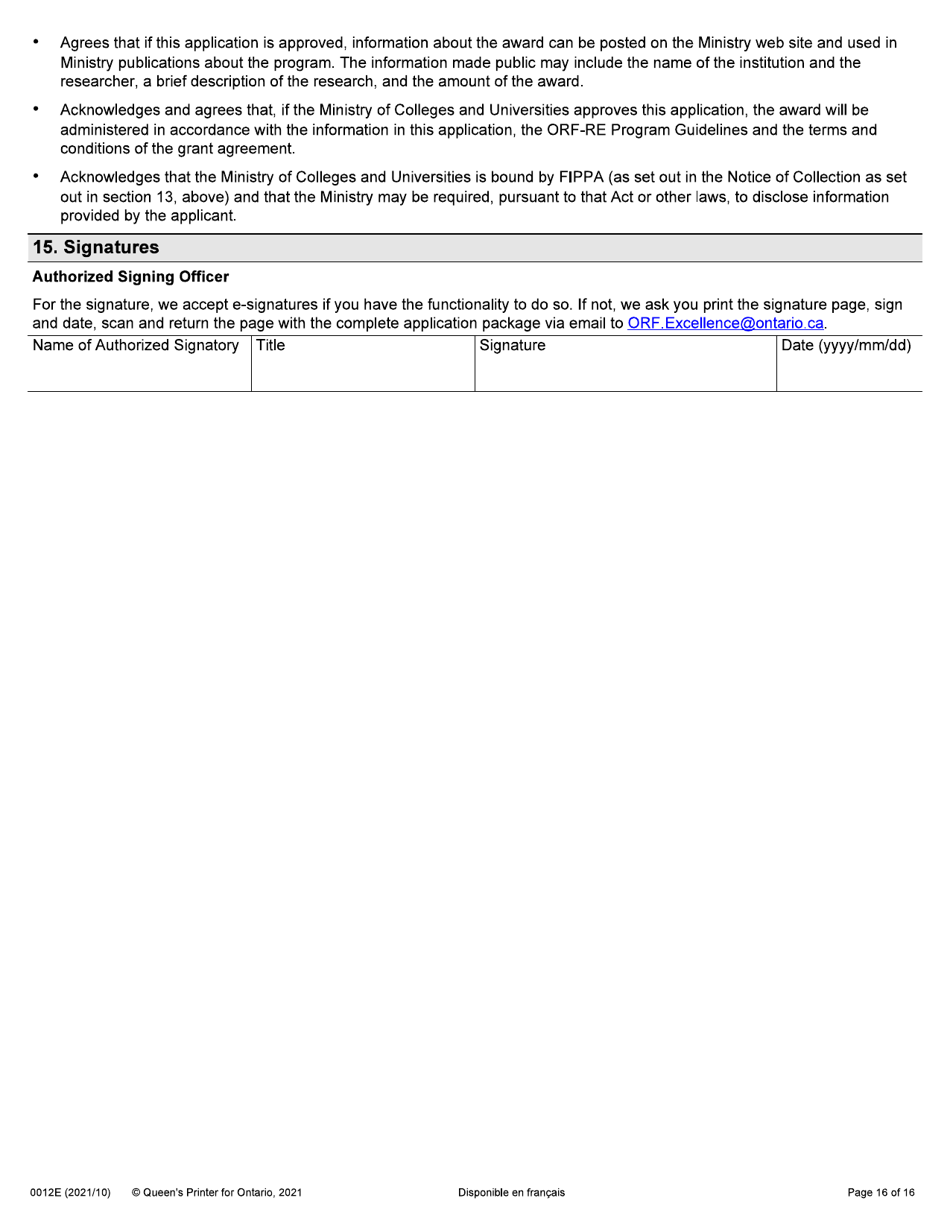 Form 0012E Application Form Stream 1: General Ontario Research Fund - Research Excellence Round 11 - Ontario, Canada, Page 16