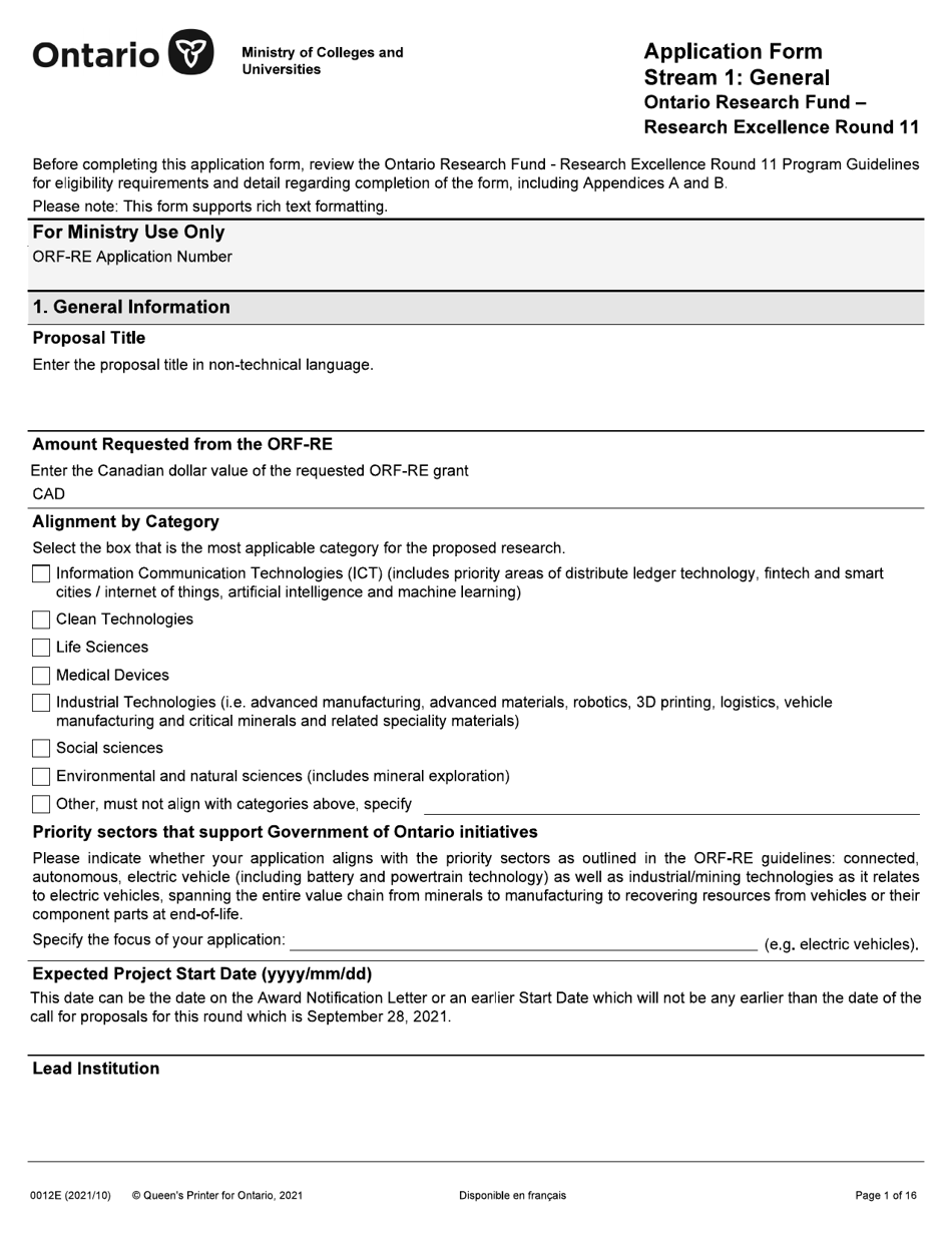 Form 0012E Application Form Stream 1: General Ontario Research Fund - Research Excellence Round 11 - Ontario, Canada, Page 1