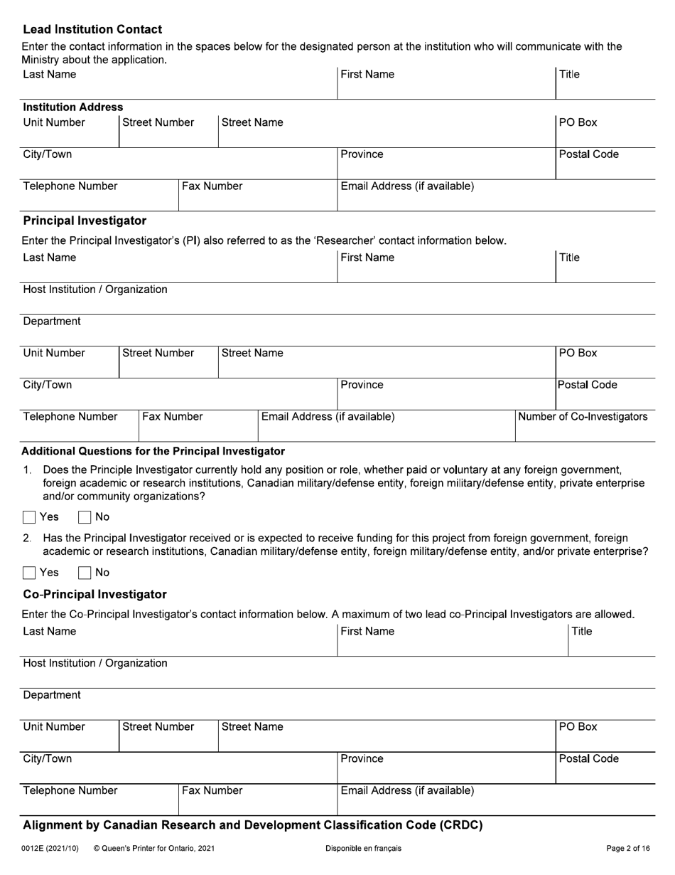 Form 0012E Application Form Stream 1: General Ontario Research Fund - Research Excellence Round 11 - Ontario, Canada, Page 2