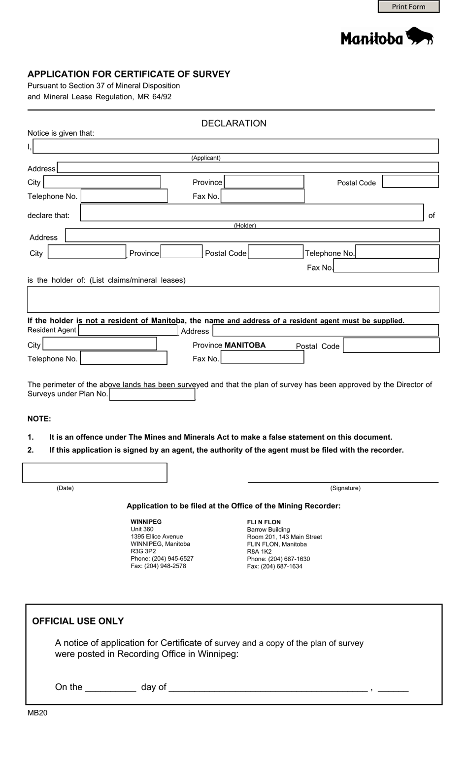 Form MB20 Application for Certificate of Survey - Manitoba, Canada, Page 1