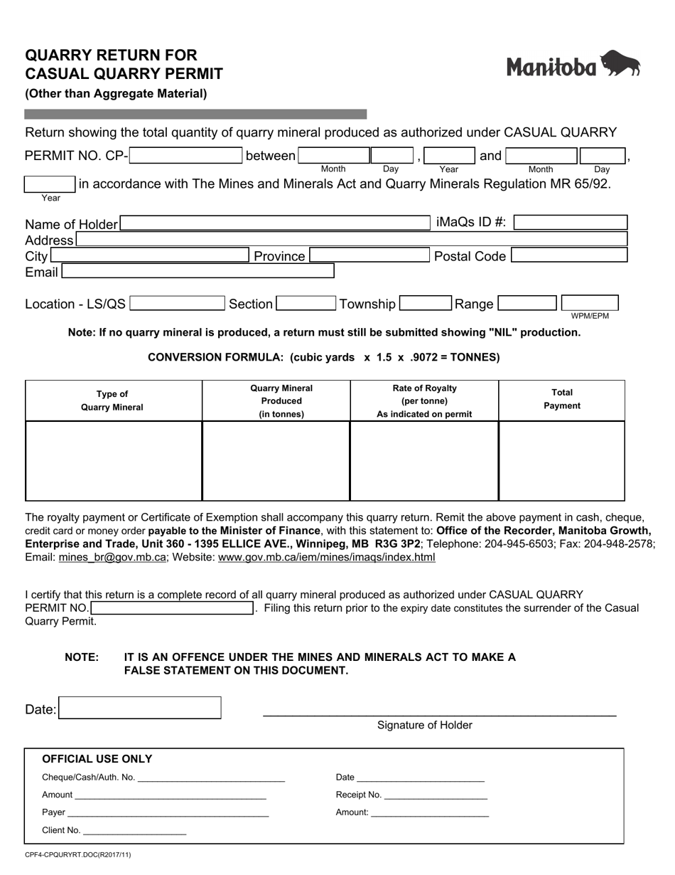 Form CPF4 Quarry Return for Casual Quarry Permit (Other Than Aggregate Material) - Manitoba, Canada, Page 1