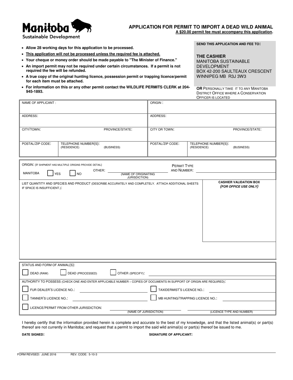 Application for Permit to Import a Dead Wild Animal - Manitoba, Canada, Page 1