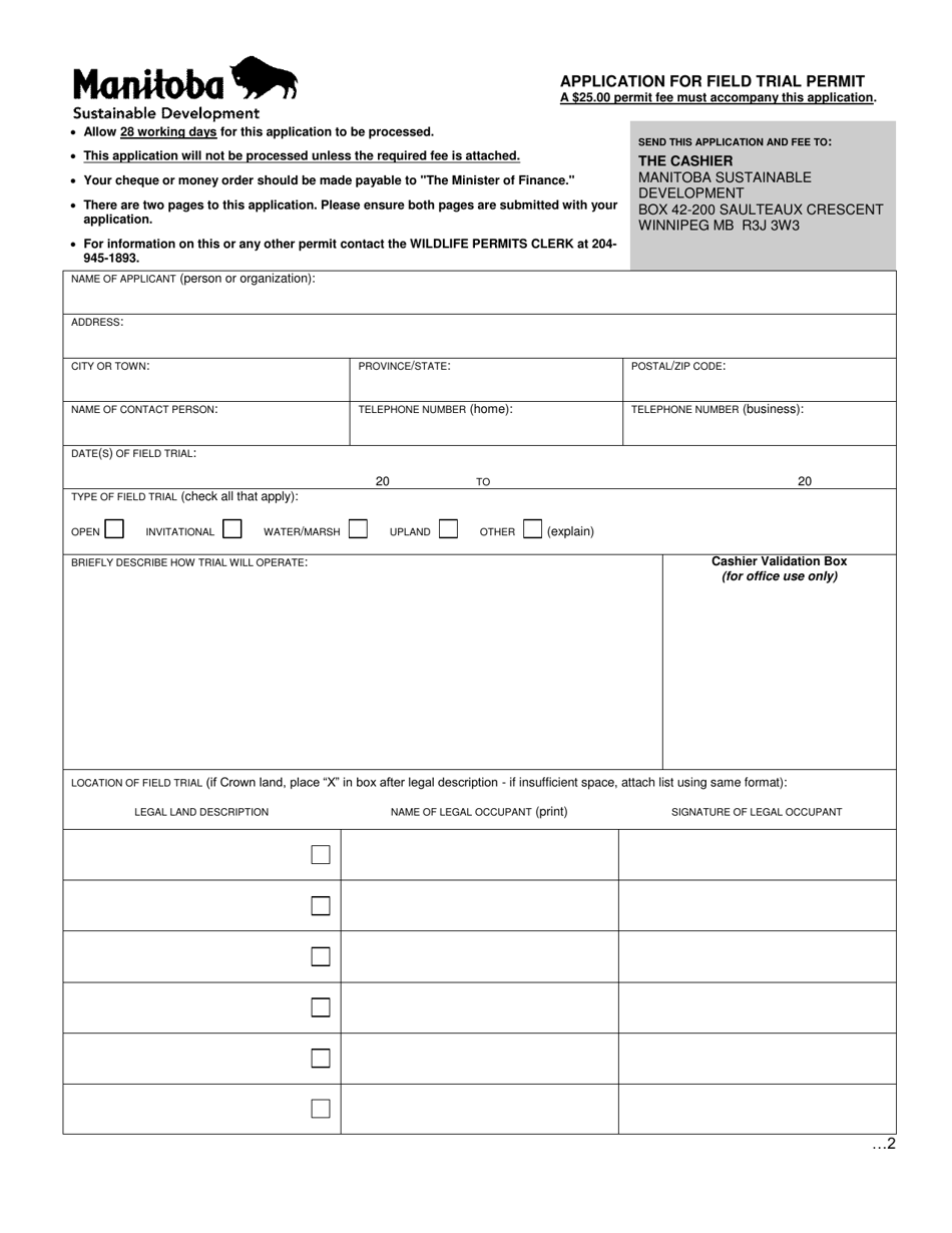 Manitoba Canada Application for Field Trial Permit Fill Out, Sign