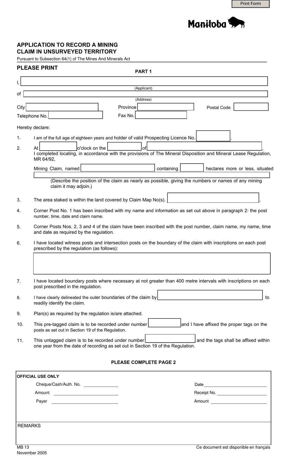 Form MB13 Application to Record a Mining Claim in Unsurveyed Territory - Manitoba, Canada, Page 1
