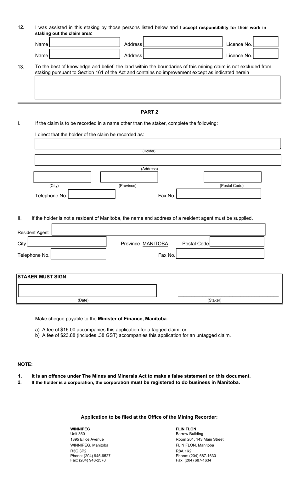Form MB13 Application to Record a Mining Claim in Unsurveyed Territory - Manitoba, Canada, Page 2