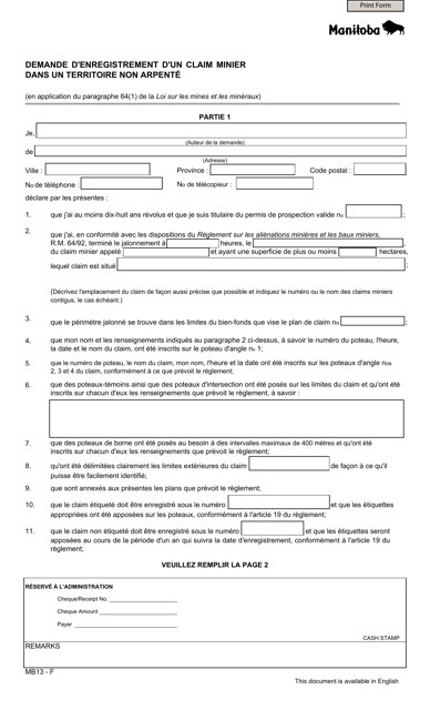 Forme MB13 Demande D'enregistrement D'un Claim Minier Dans Un Territoire Non Arpente - Manitoba, Canada (French)
