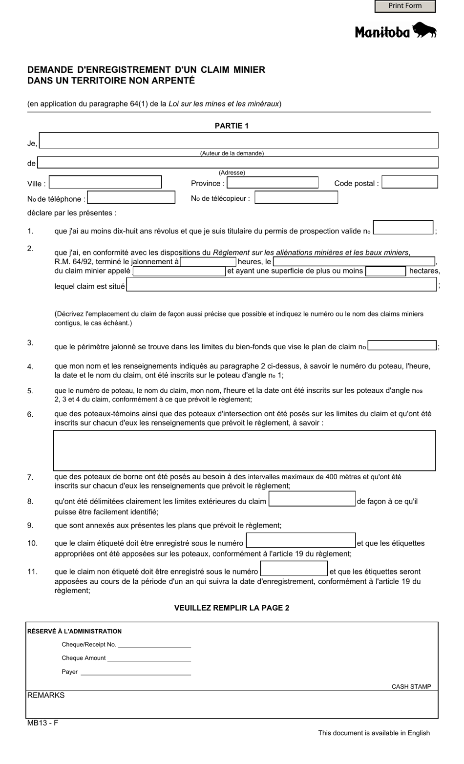 Forme MB13 Demande Denregistrement Dun Claim Minier Dans Un Territoire Non Arpente - Manitoba, Canada (French), Page 1
