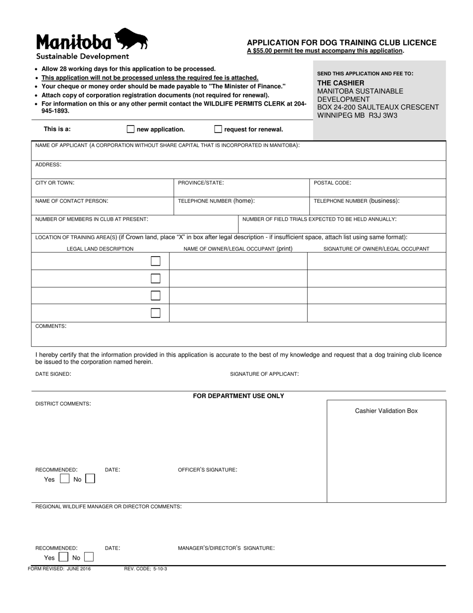 Application for Dog Training Club Licence - Manitoba, Canada, Page 1
