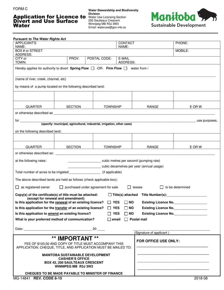 Form C (MG-14841) Application for Licence to Divert and Use Surface Water - Manitoba, Canada, Page 1