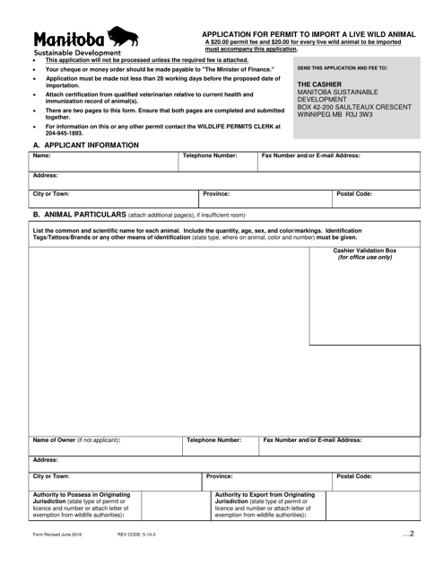 Application for Permit to Import a Live Wild Animal - Manitoba, Canada Download Pdf