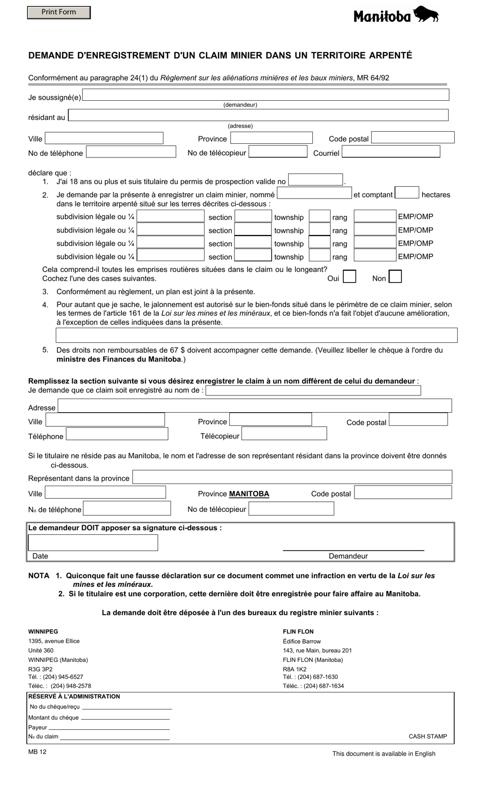 Forme MB12 Demande Denregistrement Dun Claim Minier Dans Un Territoire Arpente - Manitoba, Canada (French), Page 1