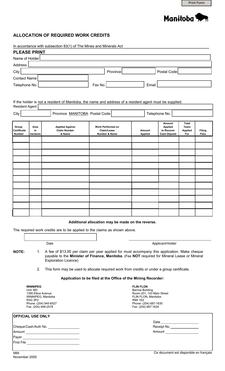 Form MB6 Allocation of Required Work Credits - Manitoba, Canada, Page 1