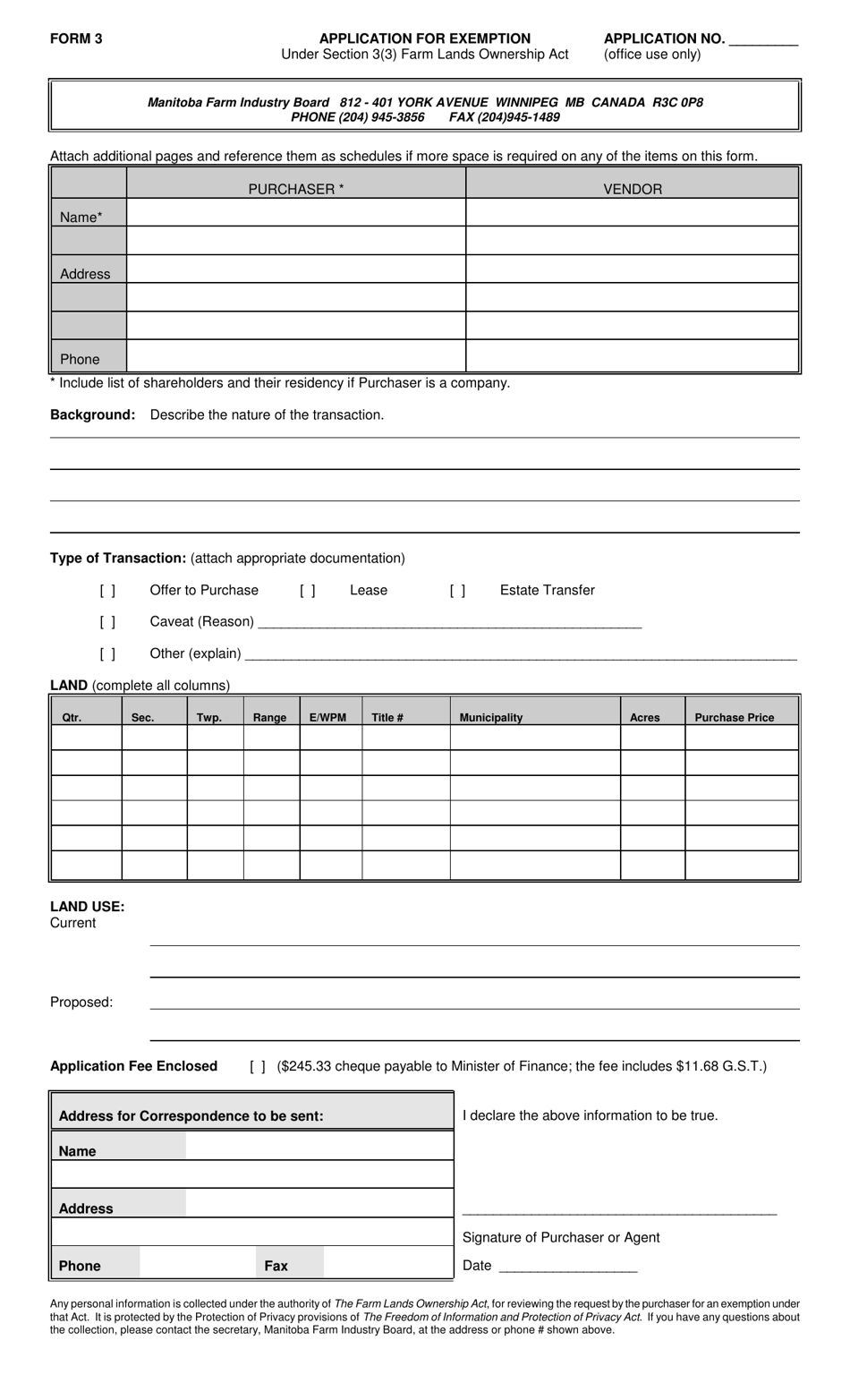 Form 3 Application for Exemption - Manitoba, Canada, Page 1