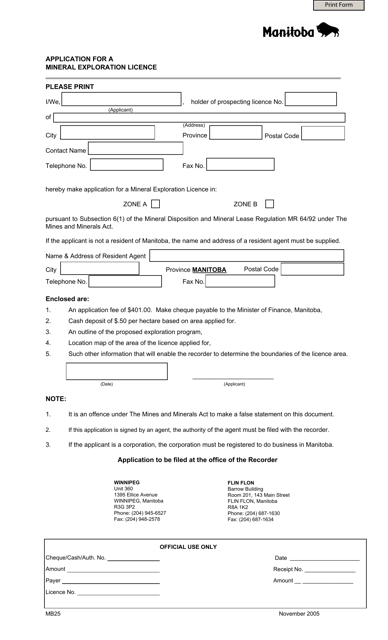 Form MB25 Application for a Mineral Exploration Licence - Manitoba, Canada