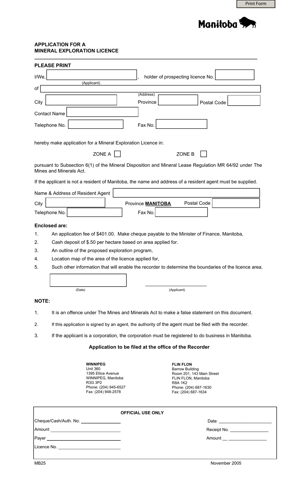 Form MB25 Application for a Mineral Exploration Licence - Manitoba, Canada, Page 1